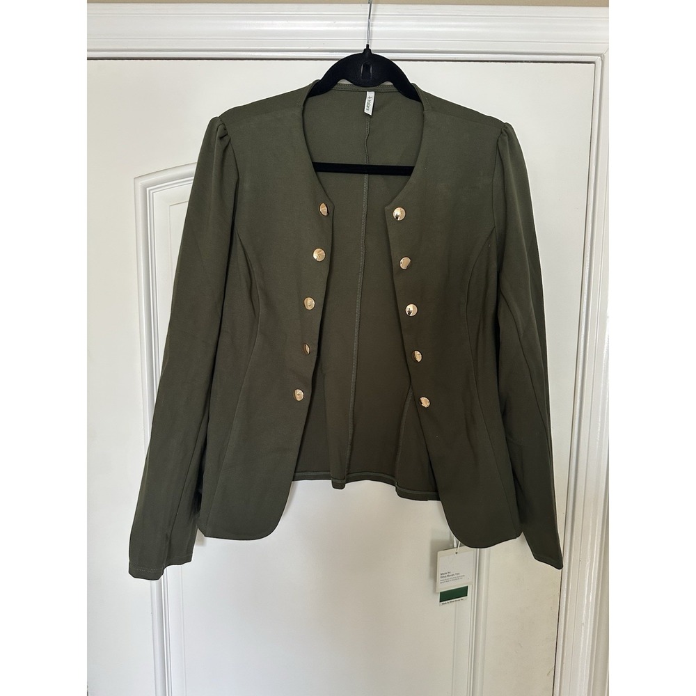 Halara Women's Round Neck Gold Button Slim Work Blazer Jacket Olive Green L NWT